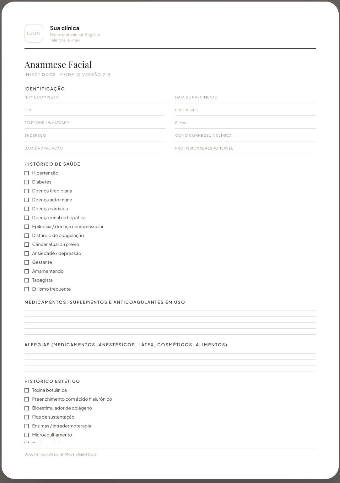Documento Anamnese facial na plataforma INJECT DOCS