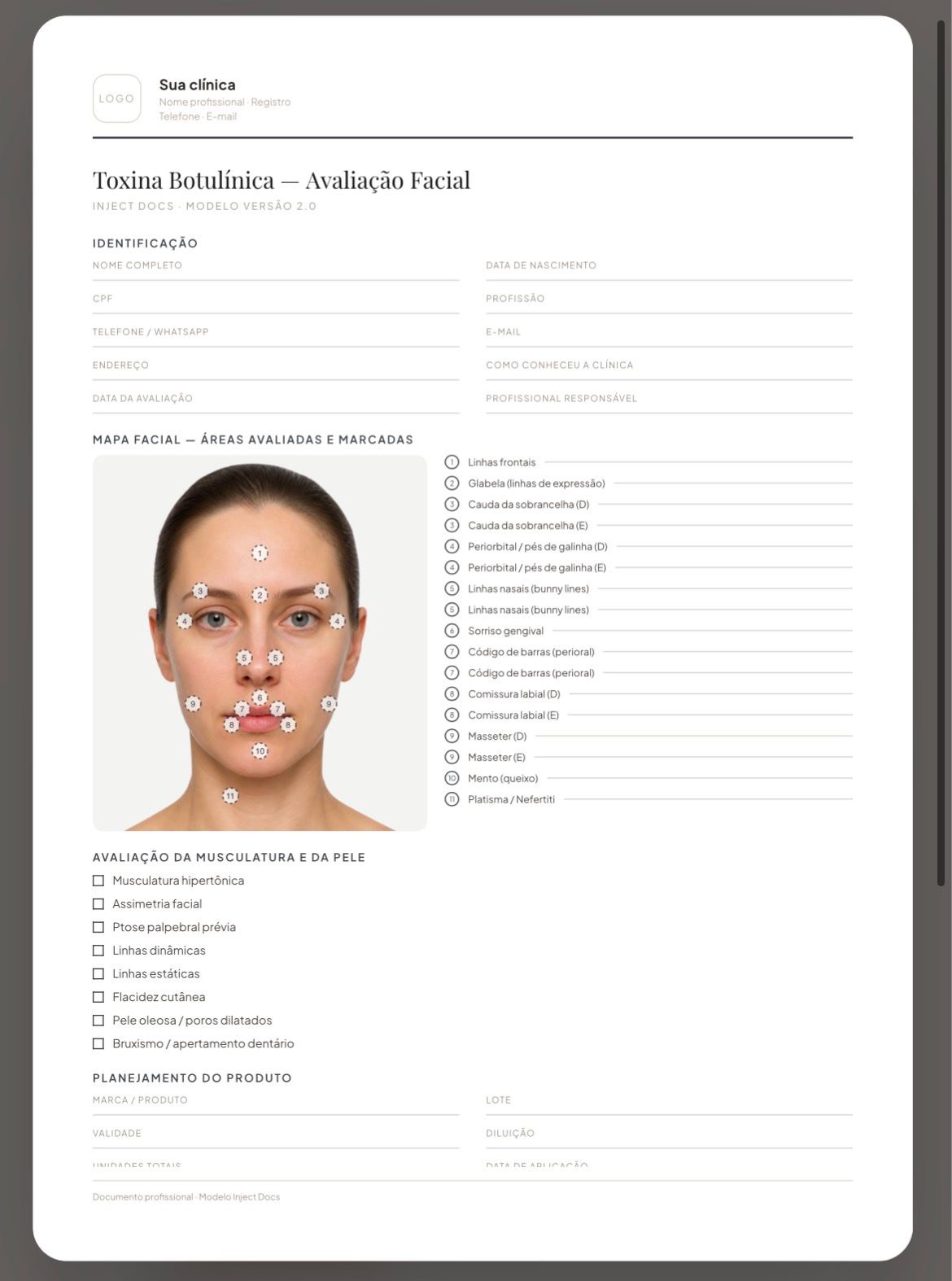 Documento Toxina — avaliação facial na plataforma INJECT DOCS
