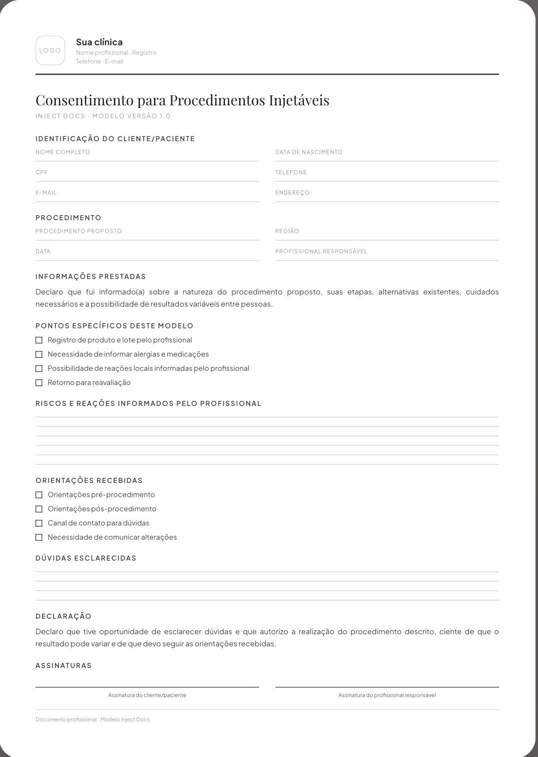 Documento Consentimento — injetáveis na plataforma INJECT DOCS
